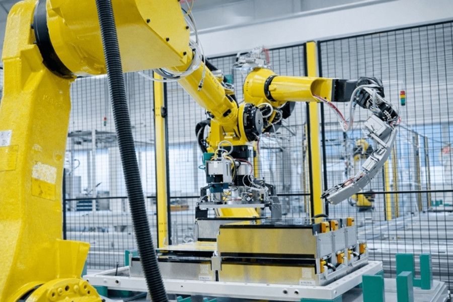 Fully automated production line with robotics in a modern hall